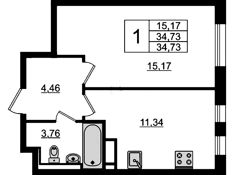 1-комнатная квартира 34.73 м², 12/12 эт., ЖК «Новые Лаврики»
